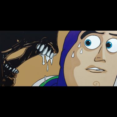 A pop art mashup of Buzz Lightyear in place of Ripley in the famous Alien 3 scene where a Xenomorph smells her, turning a dark moment into a humorous one.
