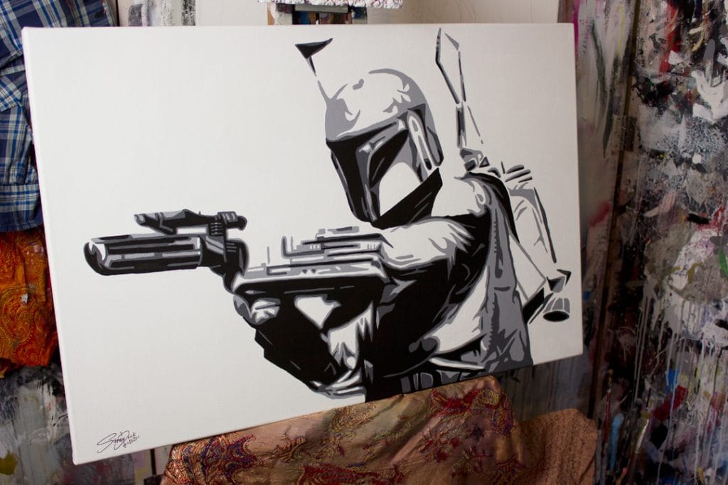boba fett pop art painting on a easel
