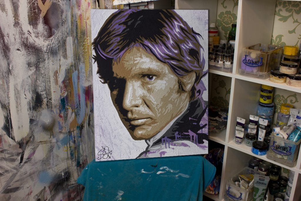 han solo pop art painting on a easel