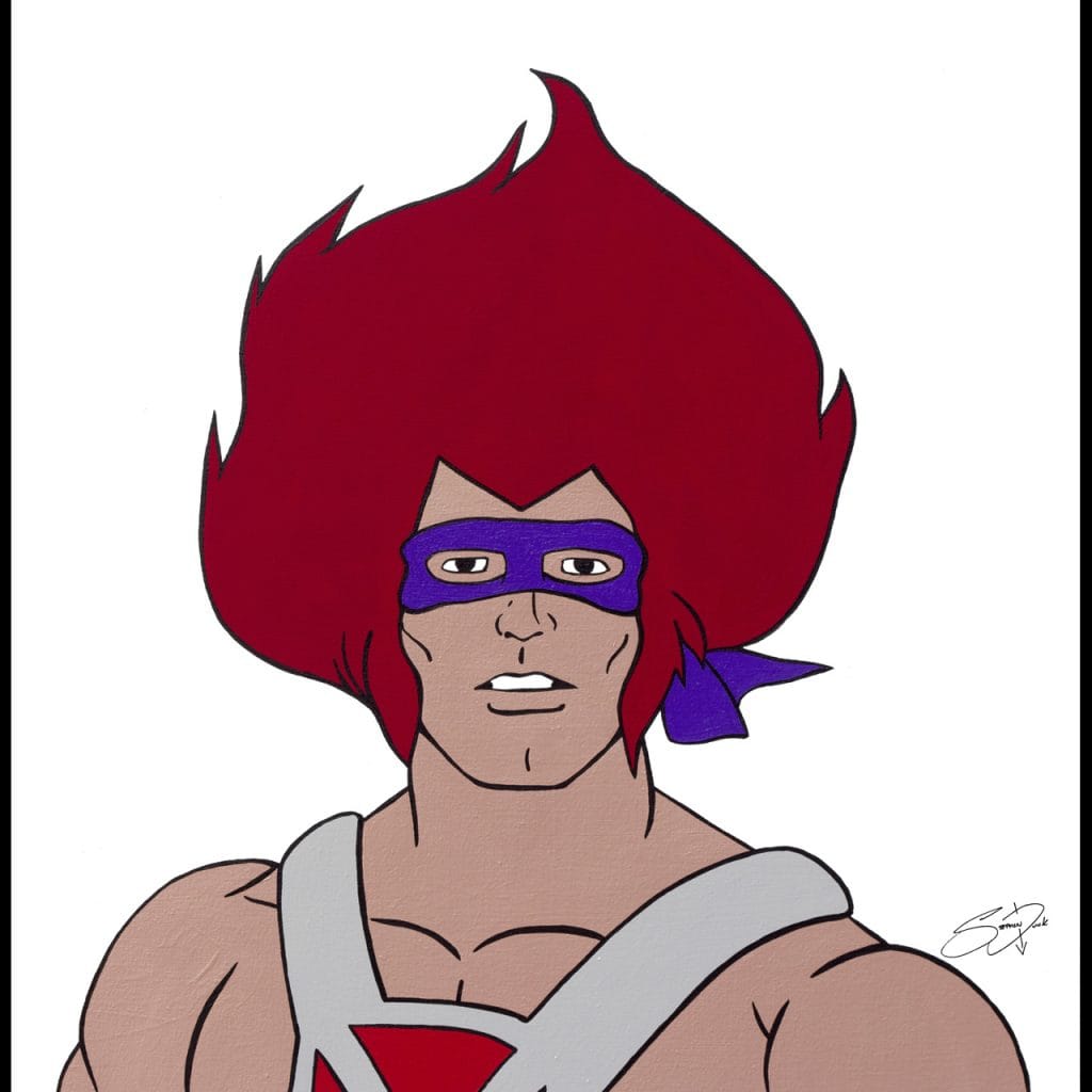 A powerful mashup of He-Man, Teenage Mutant Ninja Turtles, and Thundercats, forming one epic 80s cartoon hero with combined features of all three characters