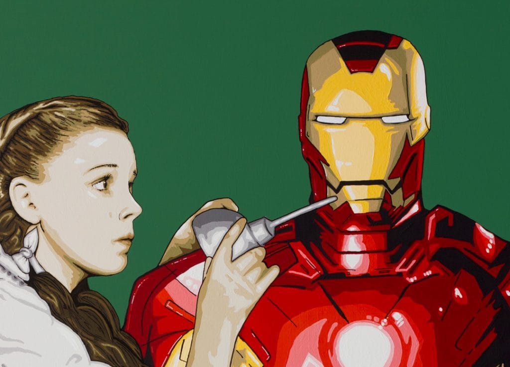 detail of Acrylic pop art painting of Iron Man in place of the Tin Man, with Dorothy giving oil, referencing the iconic Wizard of Oz scene.
