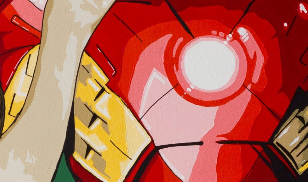 Acrylic pop art painting of Iron Man in place of the Tin Man, with Dorothy giving oil, referencing the iconic Wizard of Oz scene. detail