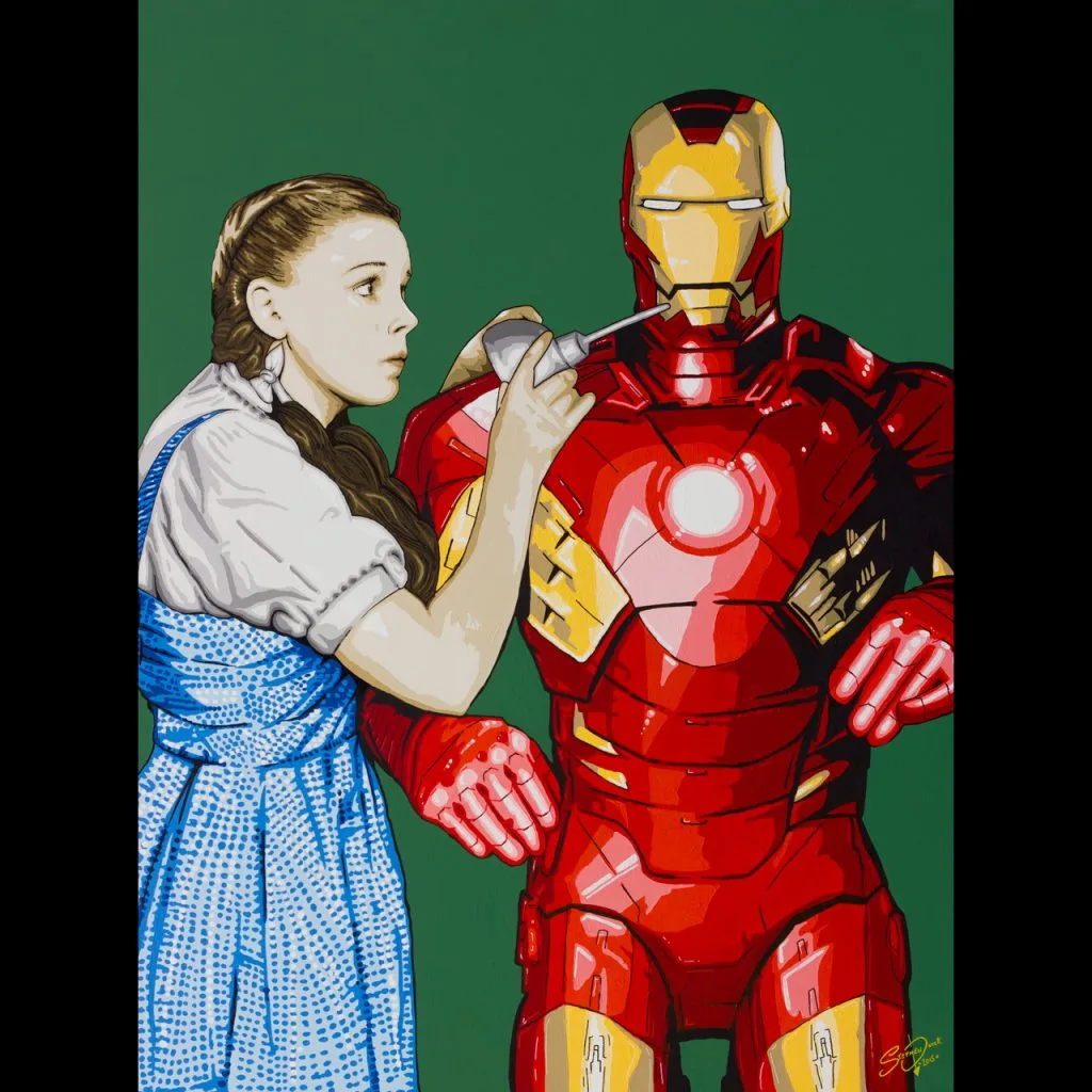 Pop art mashup painting of Iron Man replacing the Tin Man in the Wizard of Oz, with Dorothy giving him oil, titled "We're Not in New York Anymore."