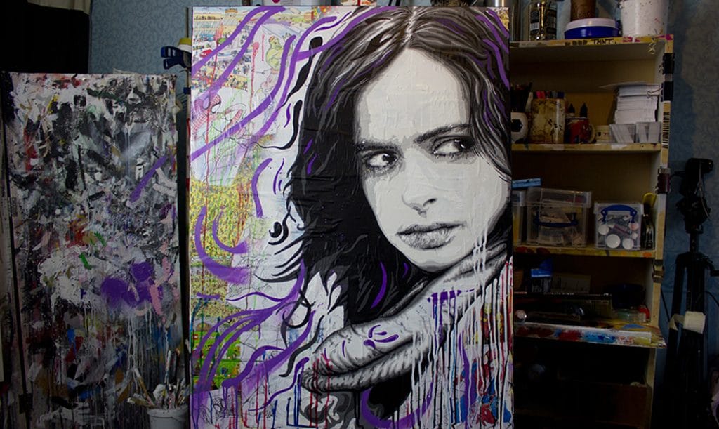 jessica jones painting siting on a easel in a art studio