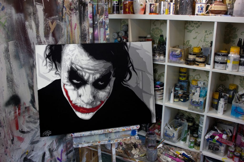 joker heath ledger pop art painting in art studio
