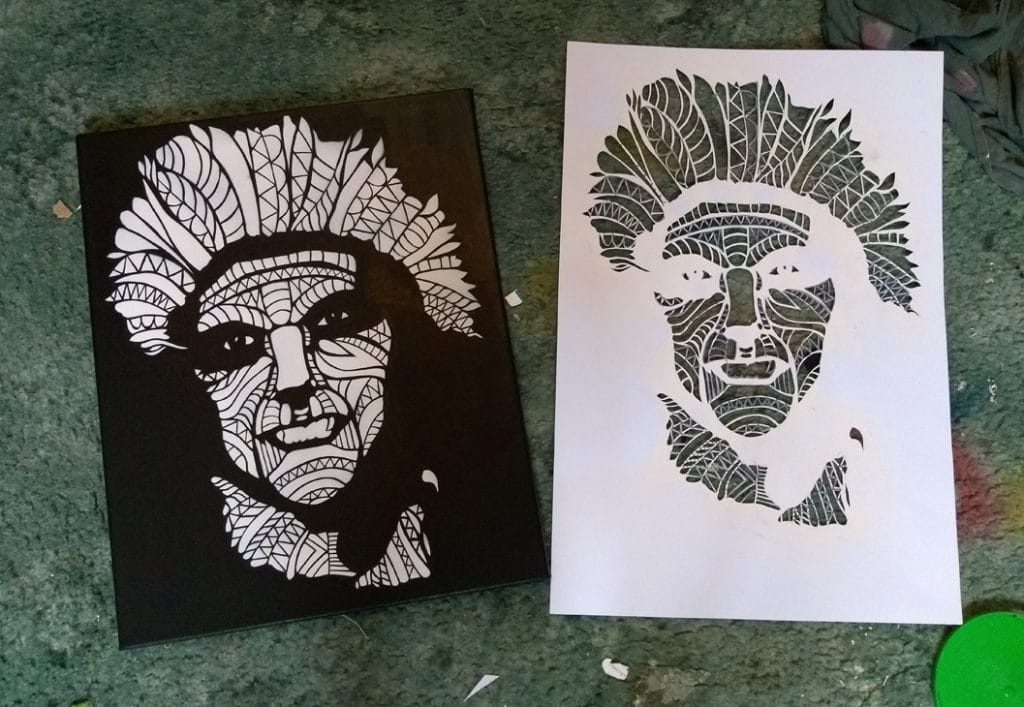 intricate stencil painting before and after spraying