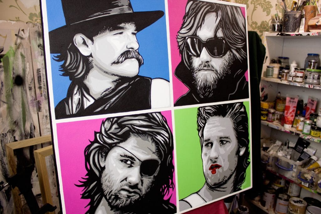 kurt russell pop art painting in a art studio