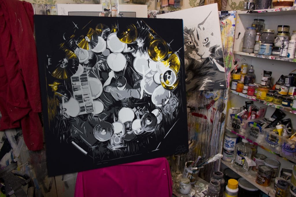 neil peart rush pop art painting in art studio