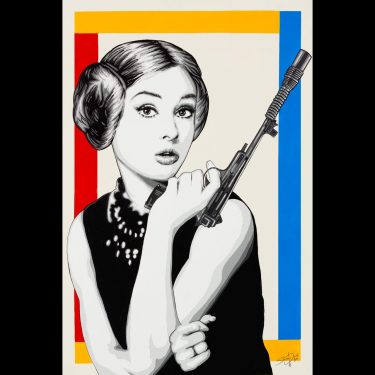 A pop art mashup of Audrey Hepburn in her iconic Breakfast at Tiffany’s pose, but with Princess Leia’s famous buns and blaster, painted in greys with a background inspired by the original Breakfast at Tiffany’s poster.