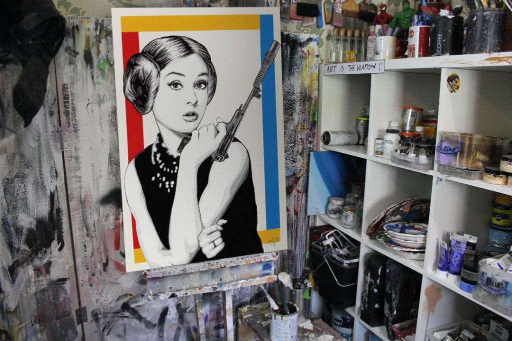 princess leia hepburn painting mashup in a art studio