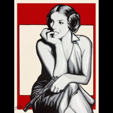 A pop art painting of Marilyn Monroe with Princess Leia’s iconic buns, set in a greyscale palette with a red and cream avant-garde background inspired by the 1920s and Some Like It Hot.