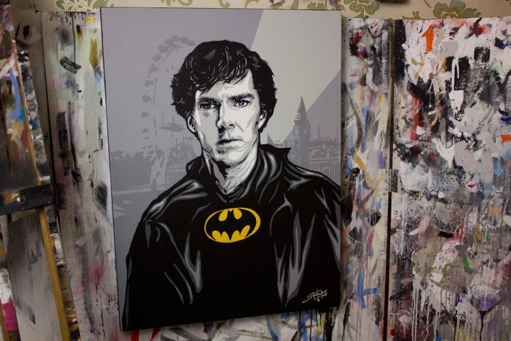 the greatest detective sherlock batman mash up painting