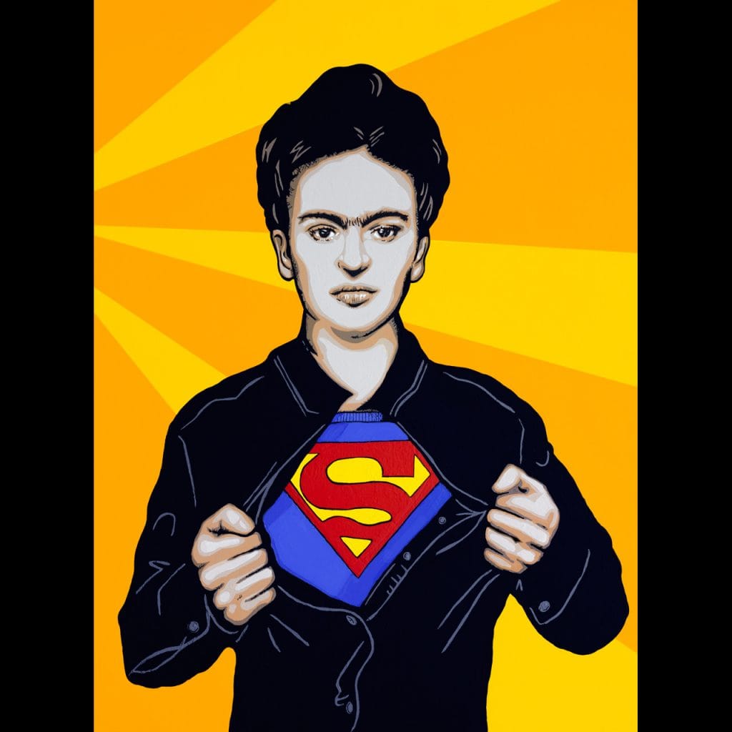 Frida Kahlo tearing open her shirt to reveal Superman's 'S' symbol, with a vibrant pop art comic background representing feminist power and strength.