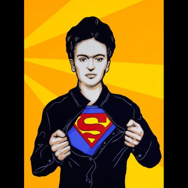 Frida Kahlo tearing open her shirt to reveal Superman's 'S' symbol, with a vibrant pop art comic background representing feminist power and strength.