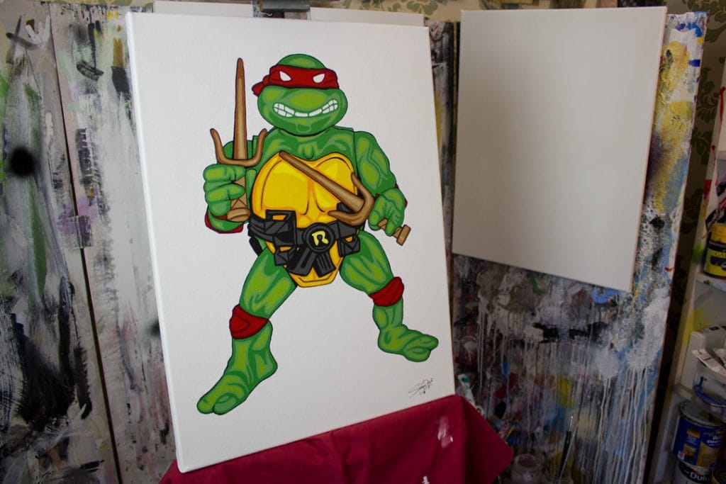 Painting of Teenage Mutant Ninja Turtles Raphael Action Figure toy from the 80's.