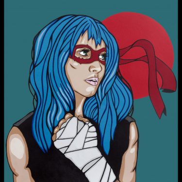 Feminist pop art portrait with boxing wraps and Japanese sun