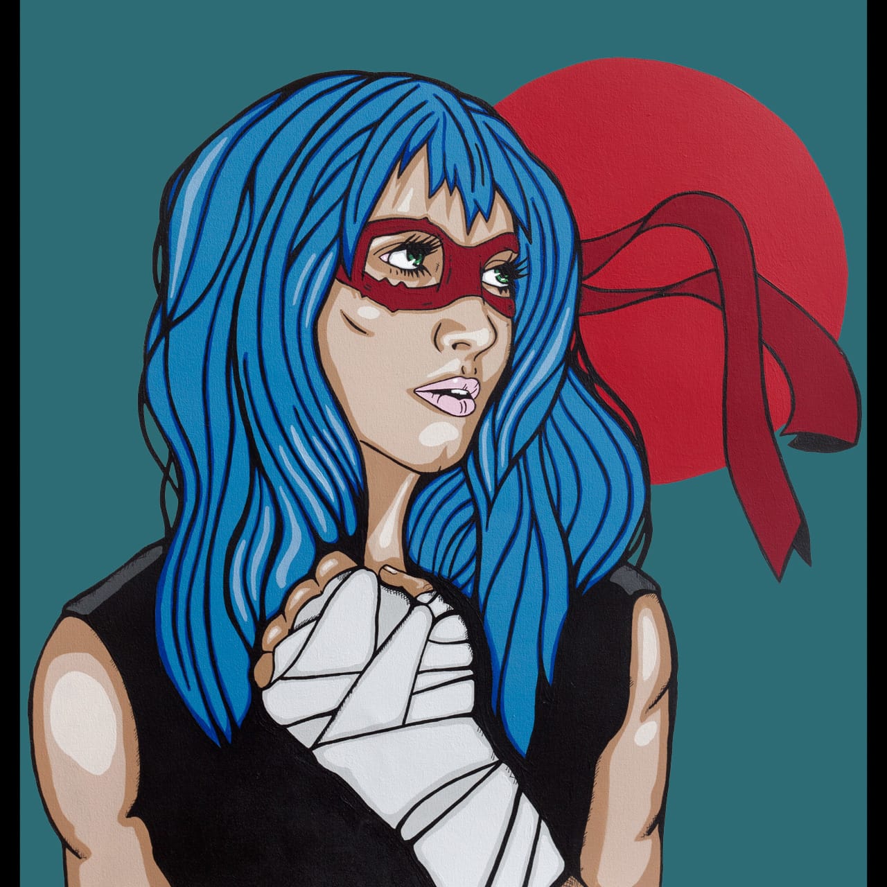 Feminist pop art portrait with boxing wraps and Japanese sun