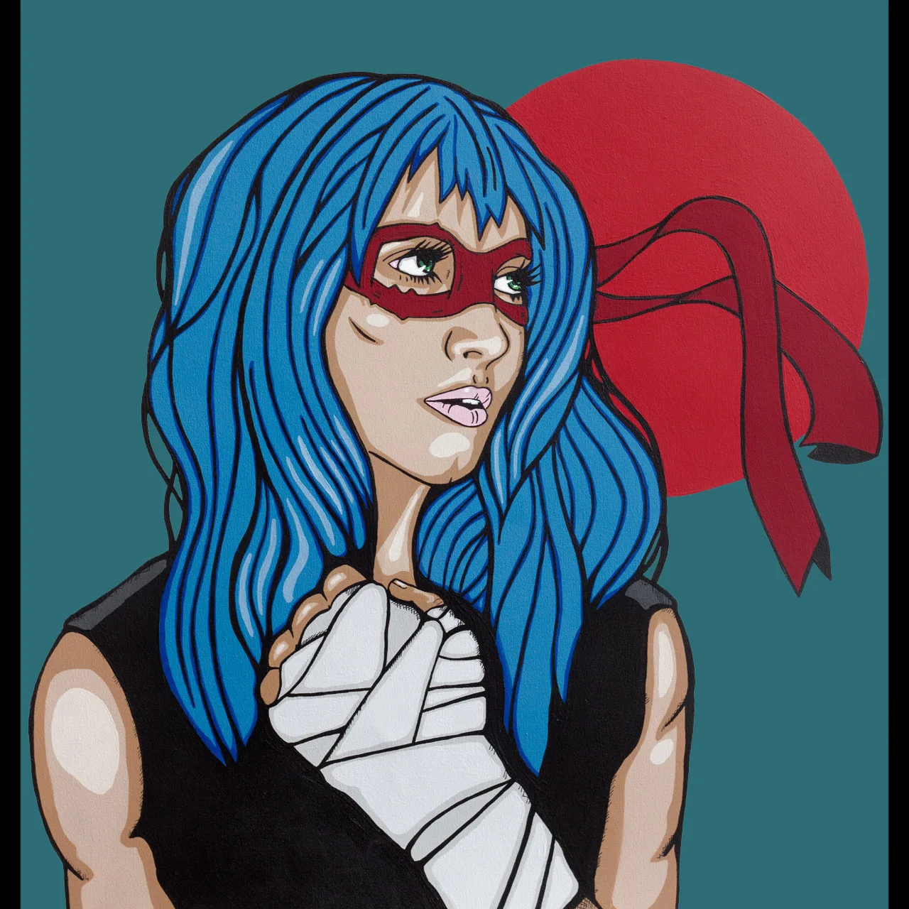 Feminist pop art portrait with boxing wraps and Japanese sun