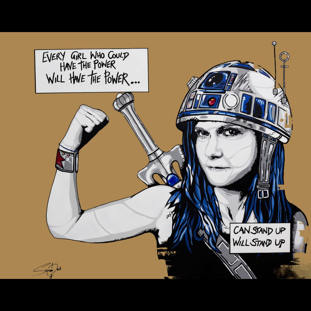 Pop art feminist painting of a woman flexing her muscles, wearing an R2-D2 helmet, holding He-Man's Power Sword,