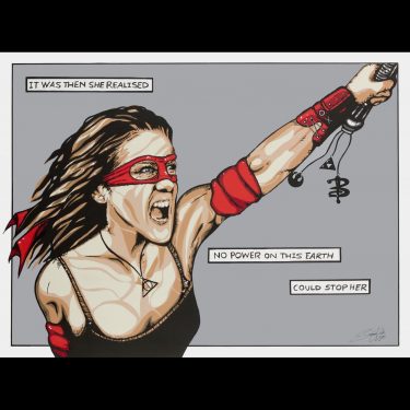 Pop art painting of a powerful female warrior wearing a Teenage Mutant Ninja Turtles mask, holding a Star Wars lightsaber, and featuring lucky charms from Zelda, Buffy, Harry Potter, and the Rebel Alliance.