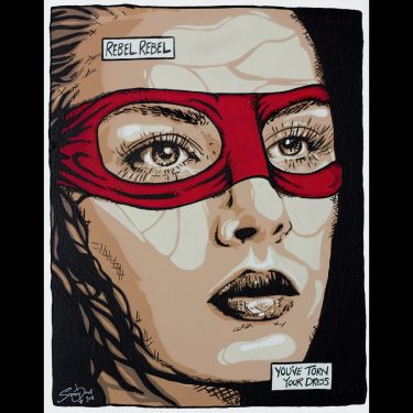 Pop art painting of a strong fighter woman wearing a red mask