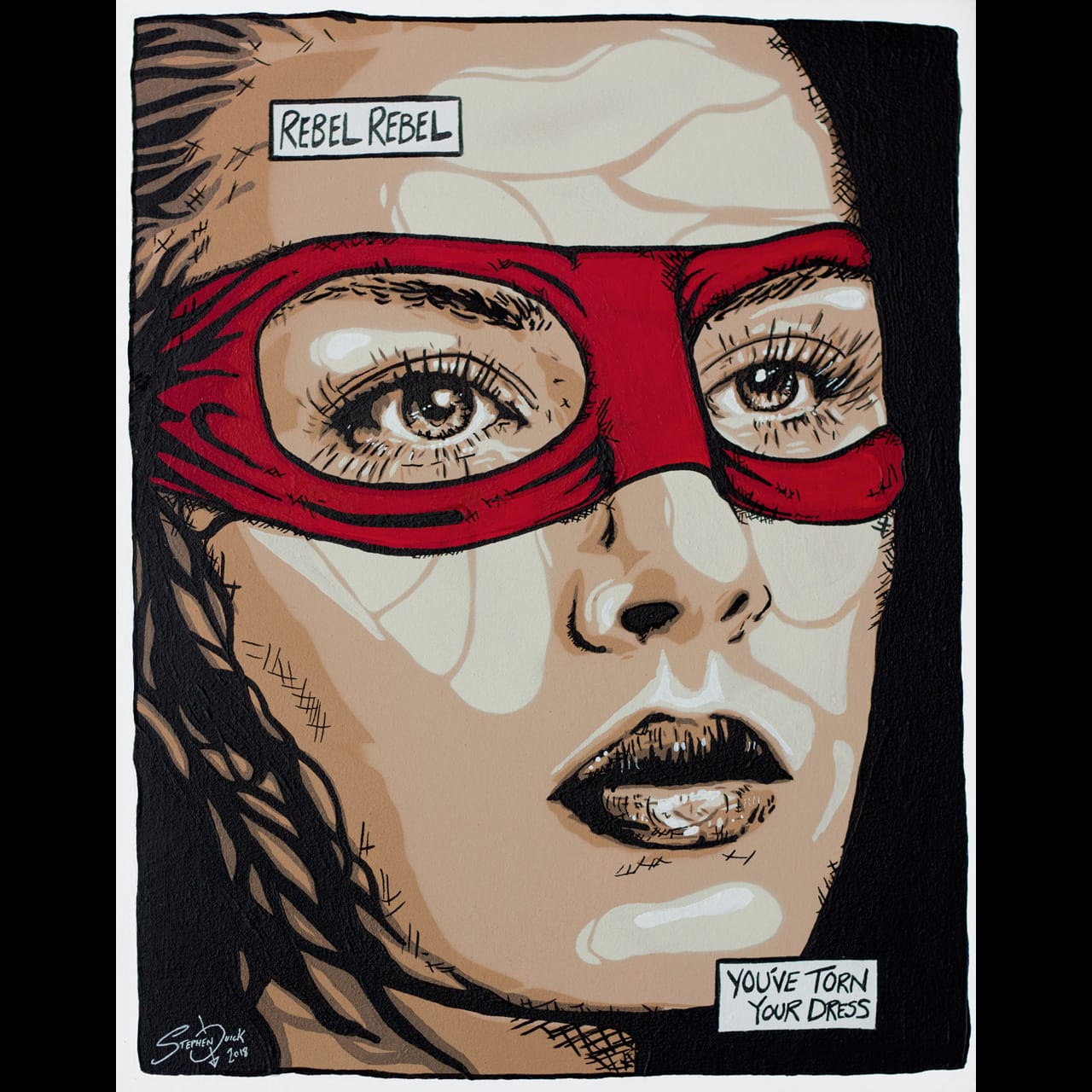 Pop art painting of a strong fighter woman wearing a red mask