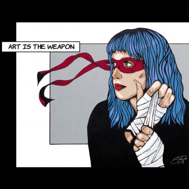 Pop art painting of a woman with TMNT mask and boxer wraps, "Art is the weapon."