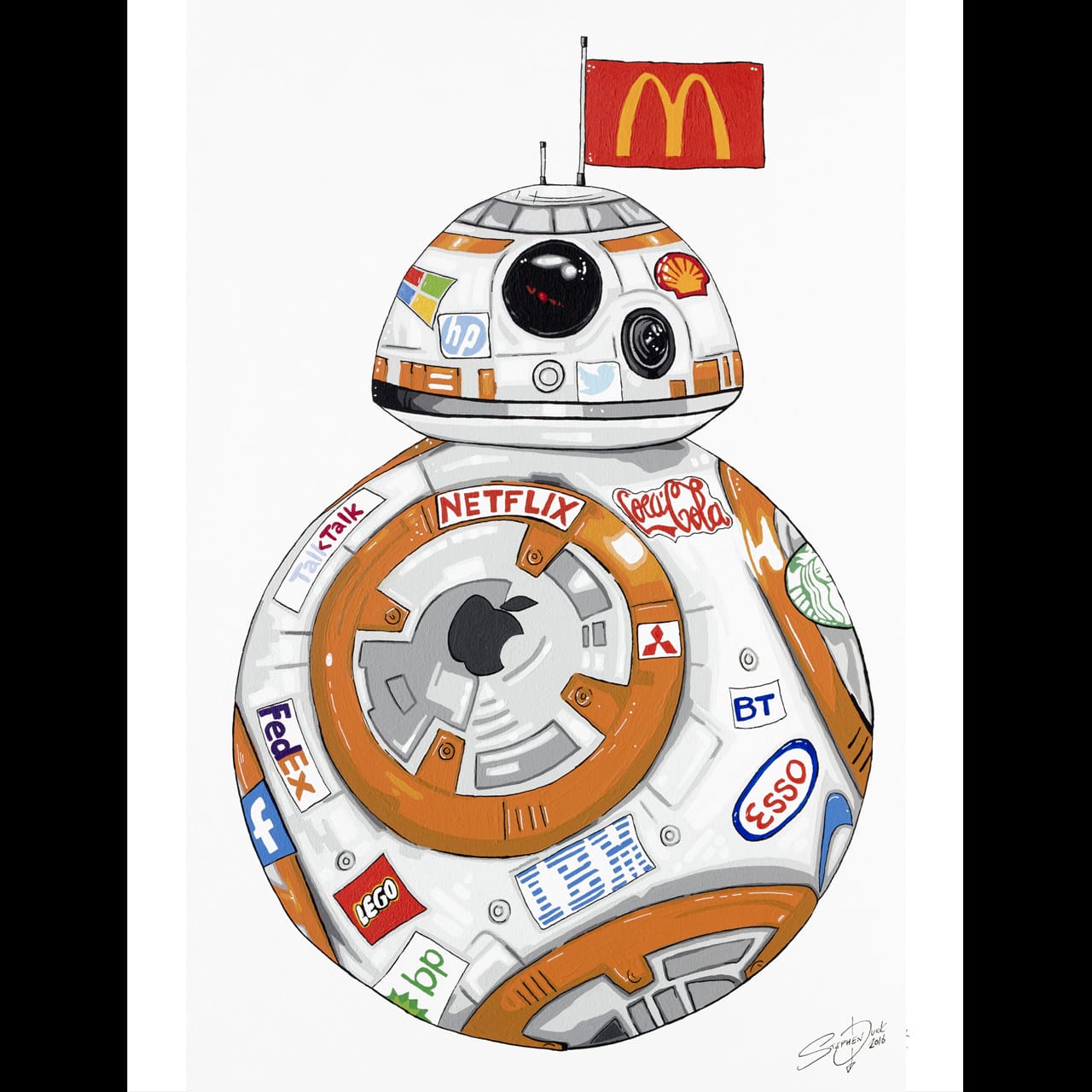 A pop art satire painting of BB-8 from Star Wars, covered in colorful fast food and corporate sponsors, critiquing consumerism in art."