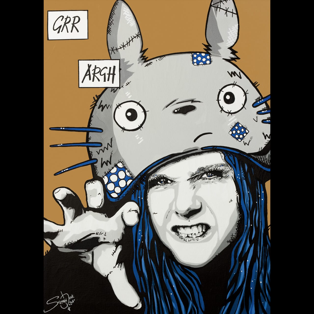 Multi-layer stencil pop art painting of a growling woman in grey tones, wearing a Totoro hat, representing feminism and strength with a playful twist.