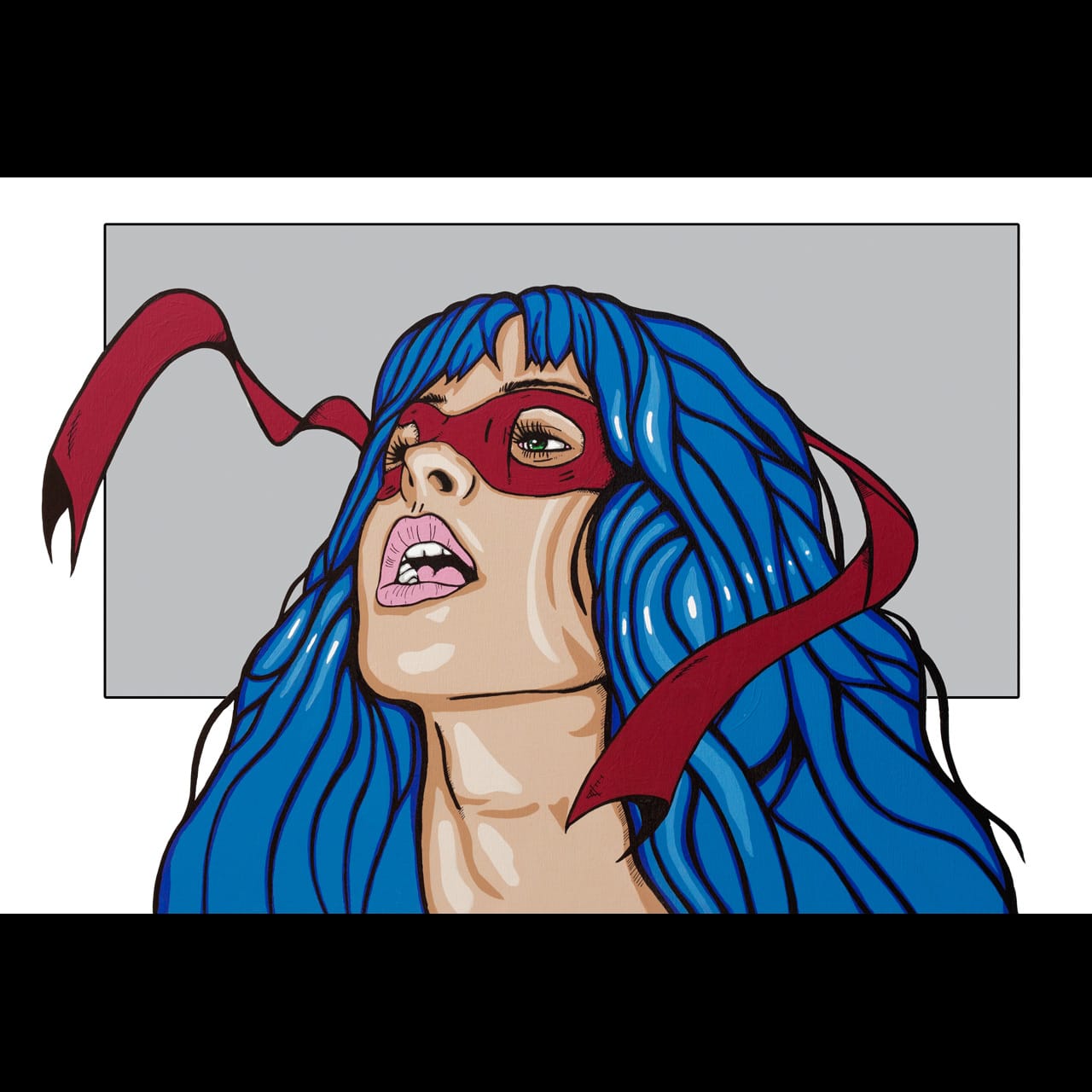 Pop art painting of a masked woman exhaling after battle.