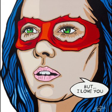 Pop art painting of a superhero-esque woman wearing a red TMNT mask with a sad expression and a speech bubble saying "but... I love you."