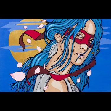 care - A vibrant pop art painting featuring a strong feminist female warrior in a Teenage Mutant Ninja Turtles mask, with a bohemian feather in her ear. She stands against a backdrop of a Japanese-style sun, with cherry blossoms blowing through her bright blue hair, symbolizing strength and resilience.