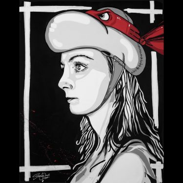Multi-layer stencil pop art painting of a powerful woman wearing a Raphael Teenage Mutant Ninja Turtles hat, created in spray paint.
