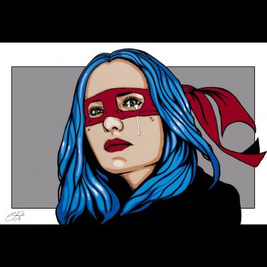 Pop art painting of a strong woman in a TMNT mask with a single tear.