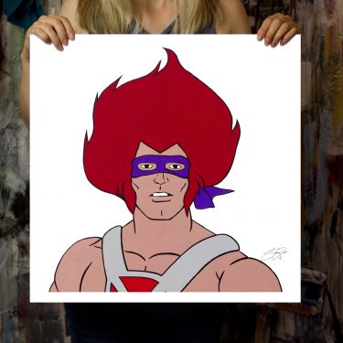 A powerful mashup of He-Man, Teenage Mutant Ninja Turtles, and Thundercats, forming one epic 80s cartoon hero with combined features of all three characters,