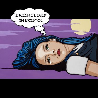 Pop art painting of a woman lying on the ground with tears and blue hair.