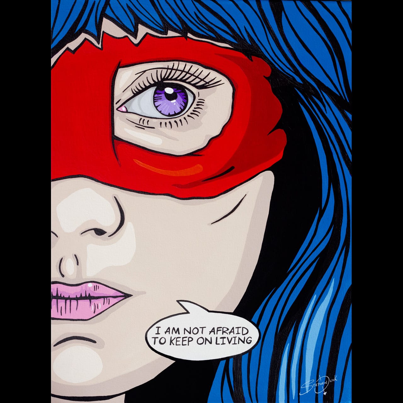 op art painting of a woman’s portrait looking to the side, wearing a red TMNT mask with the text "I am not afraid to keep on living."