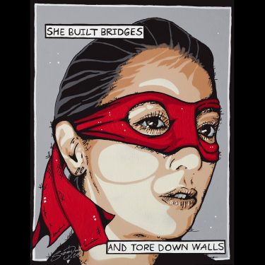 Pop art painting of a strong female portrait wearing a Teenage Mutant Ninja Turtles mask, with comic book text saying "She built bridges and tore down walls."