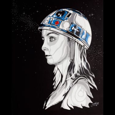 Pop art painting of a female portrait staring into space, inspired by Bowie’s "Star Girl" and Star Wars, wearing an R2-D2 space helmet.