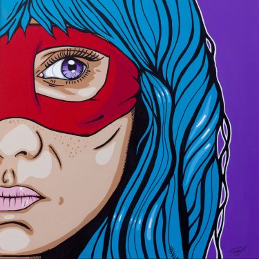 Pop art painting of a woman with wild blue hair and a red mask.