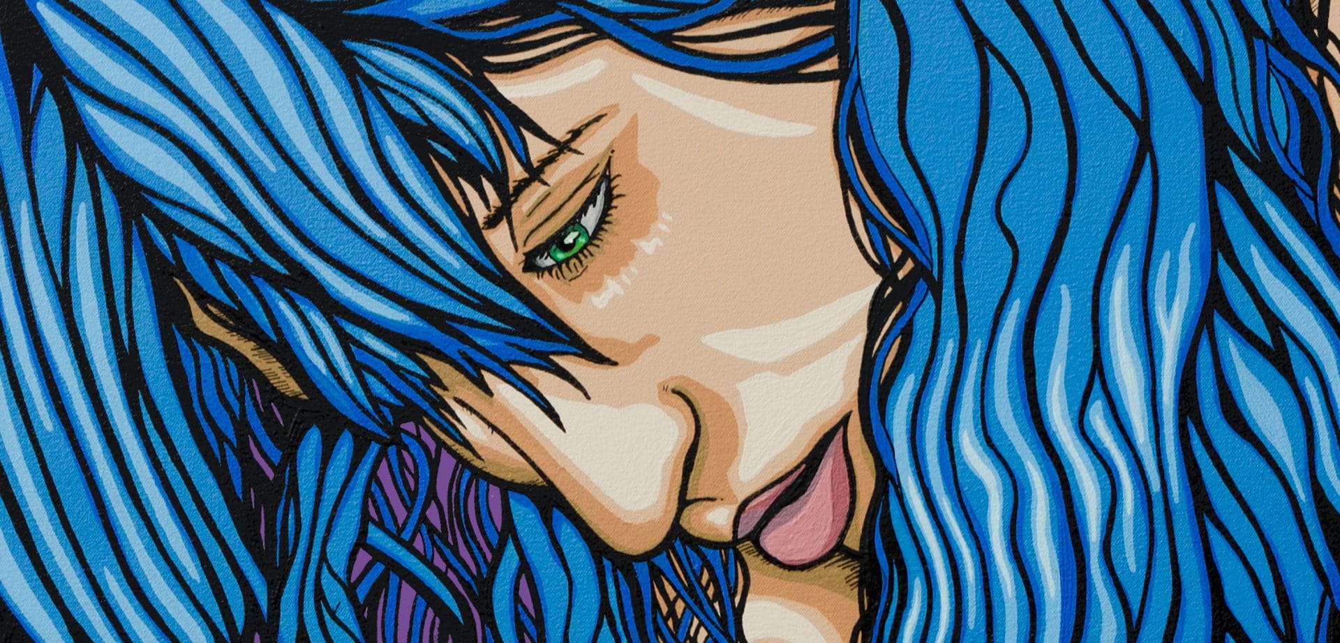 Feminist pop art painting of a strong woman with blue hair and pop culture tattoos