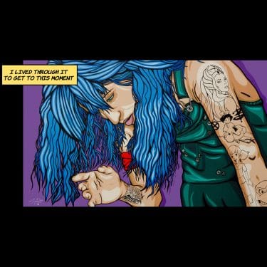 Pop art painting of a strong woman with blue hair and tattooed arms featuring female pop culture heroes, with detachable speech bubble