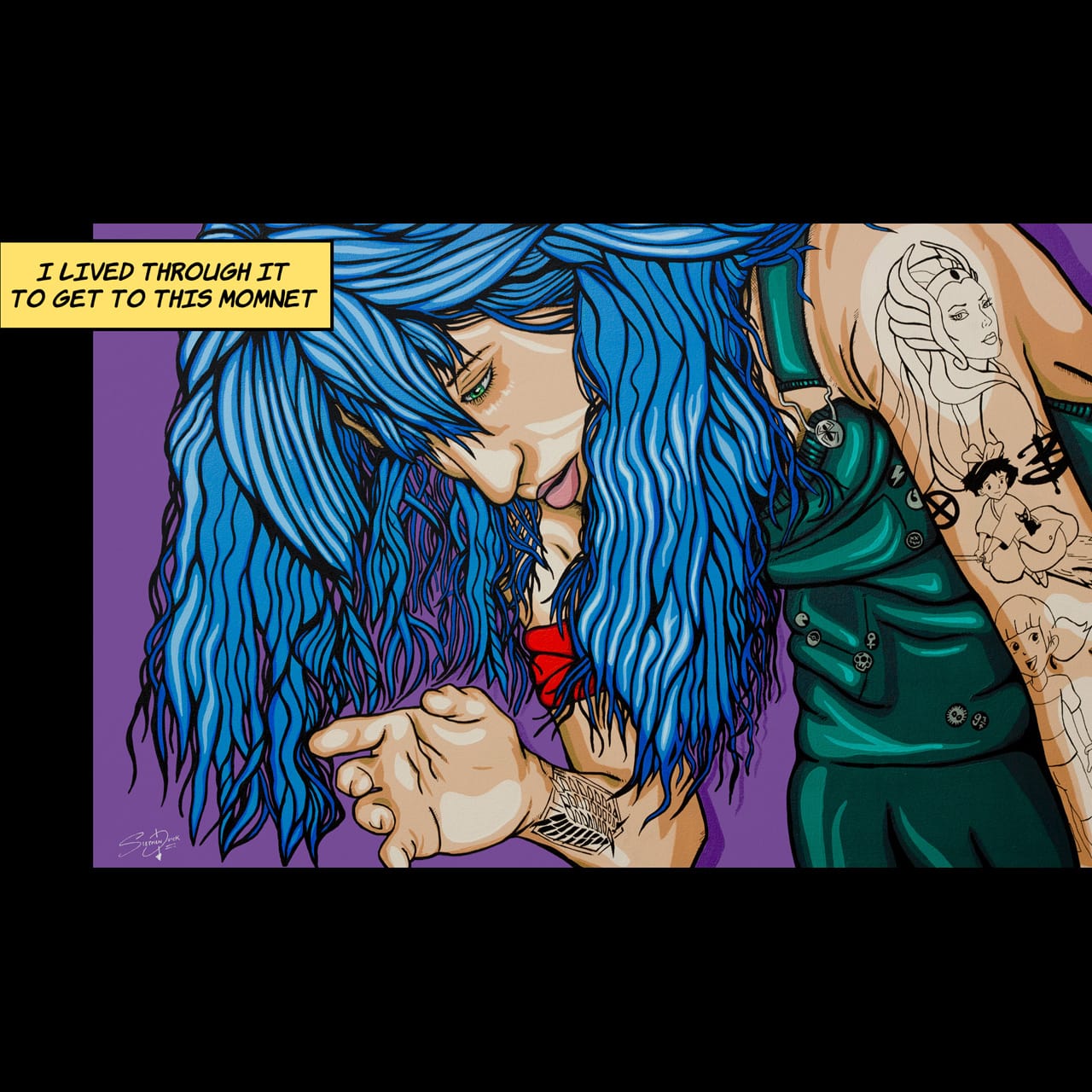 Pop art painting of a strong woman with blue hair and tattooed arms featuring female pop culture heroes, with detachable speech bubble