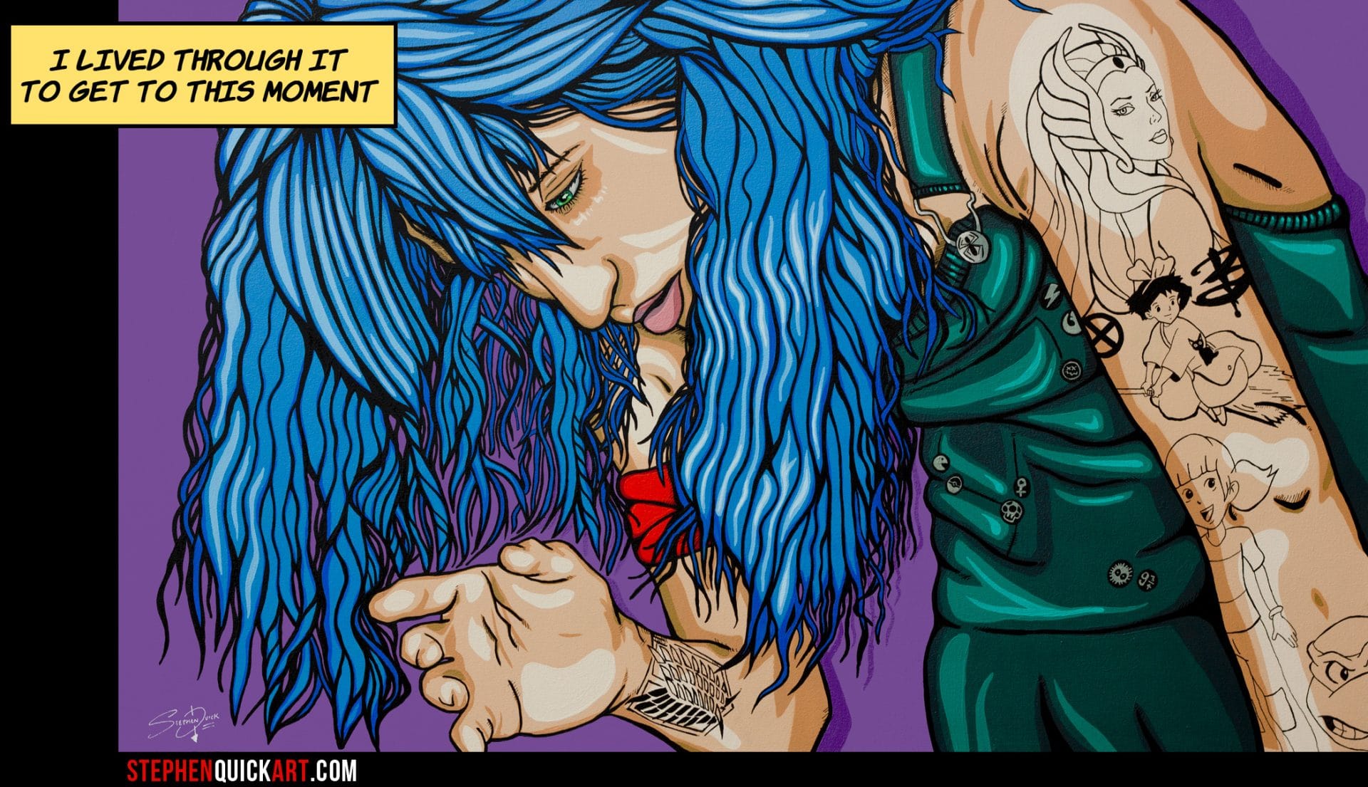 Feminist pop art painting of a strong woman with blue hair and pop culture tattoos
