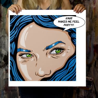 Feminist pop art painting of angry woman with glowing green eye and blue hair, acrylic on canvas art prin