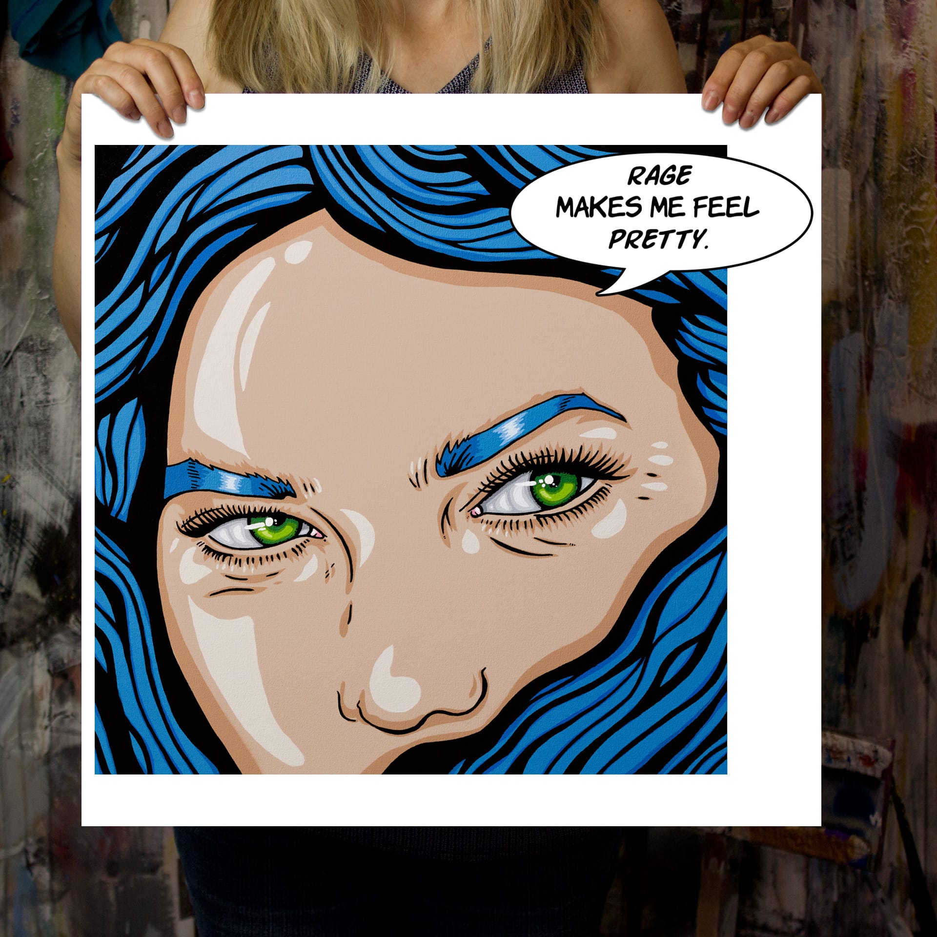 Feminist pop art painting of angry woman with glowing green eye and blue hair, acrylic on canvas art prin