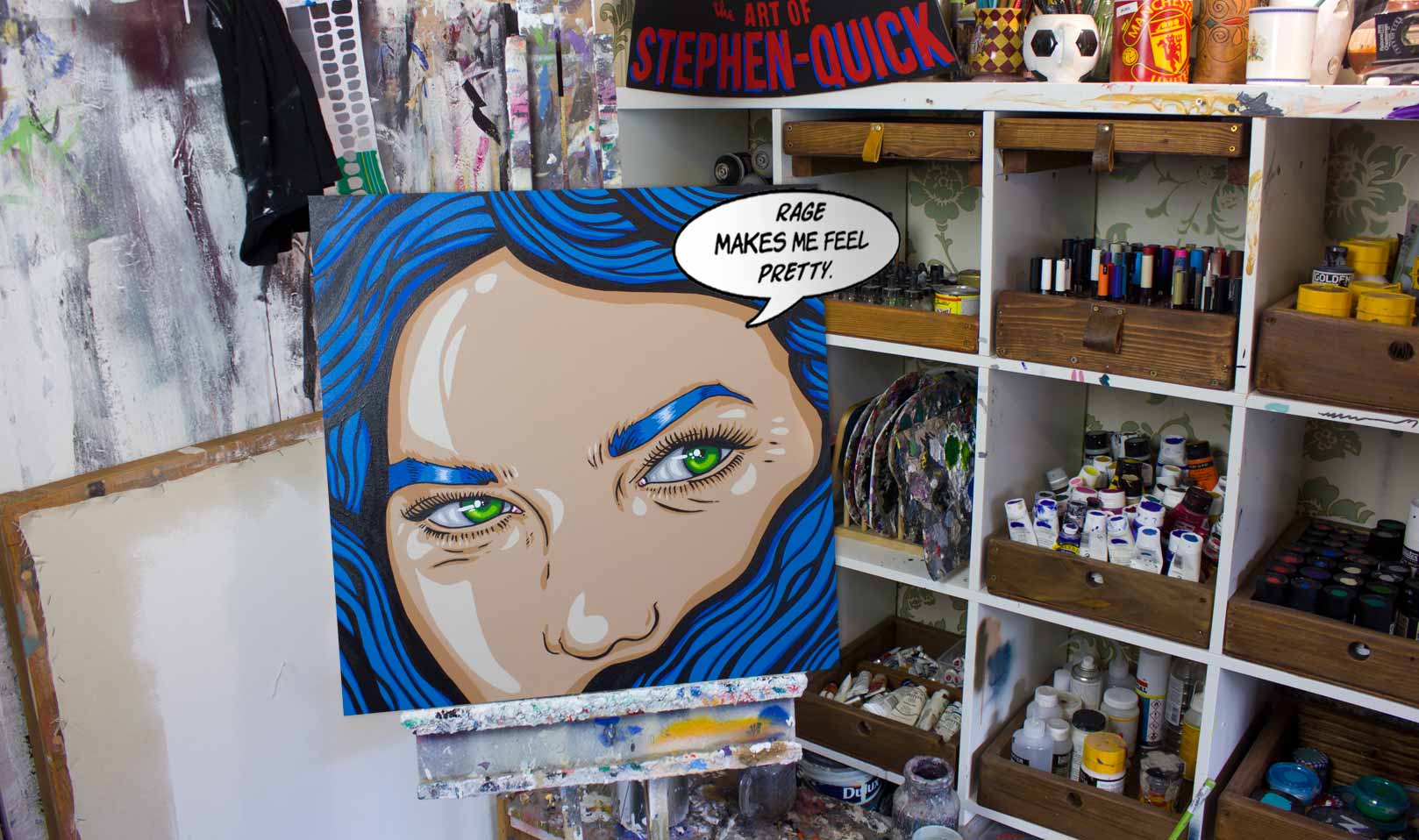 Feminist pop art painting of angry woman with glowing green eye and blue hair, acrylic on canvas