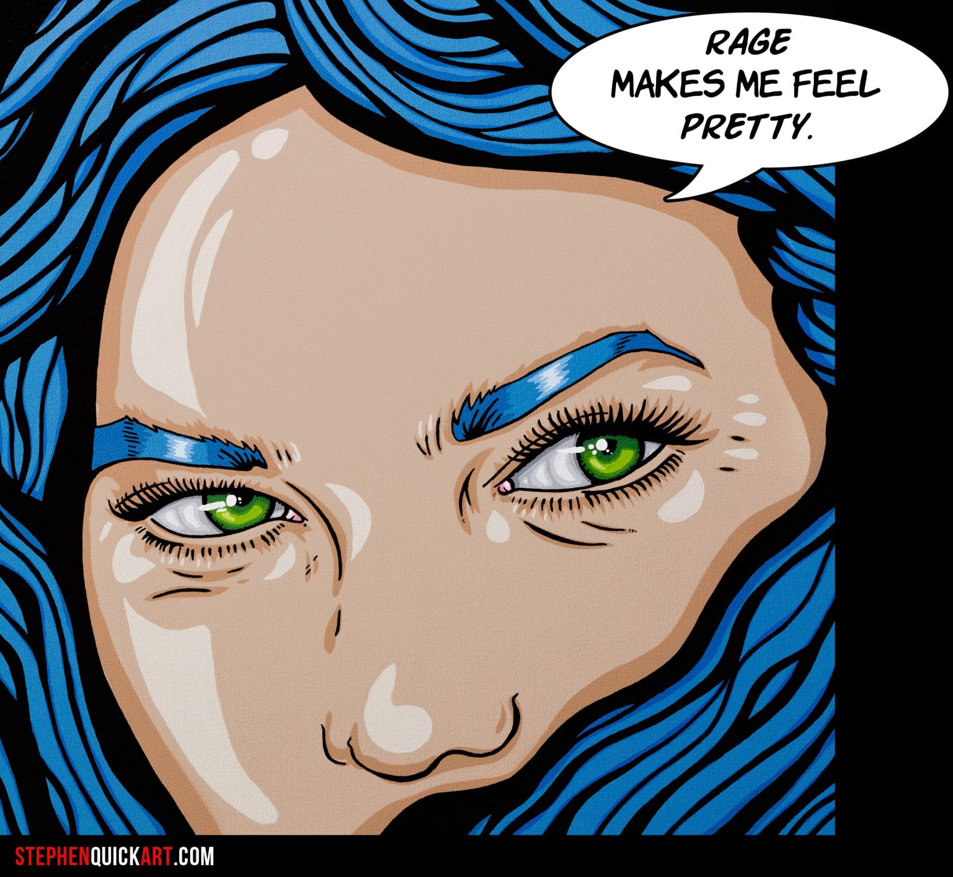 Feminist pop art painting of angry woman with glowing green eye and blue hair, acrylic on canvas