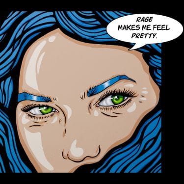 Feminist pop art painting of angry woman with glowing green eye and blue hair, acrylic on canvas