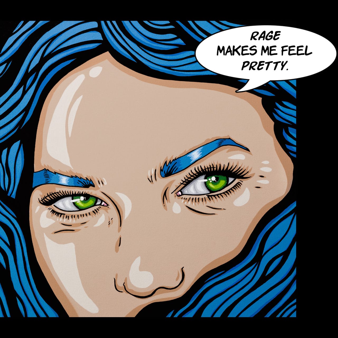 Feminist pop art painting of angry woman with glowing green eye and blue hair, acrylic on canvas